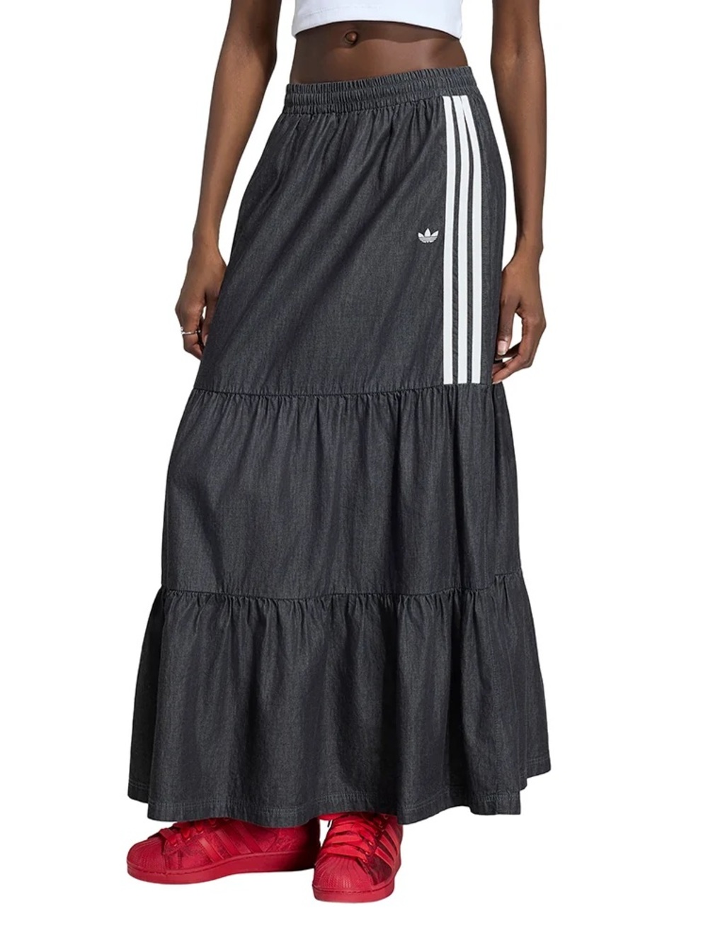 adidas Black Maxi Tiered Skirt with White Three-Stripe Detail